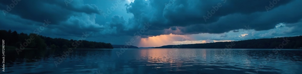Dark clouds loom over a serene lake on a stormy night, lake, atmospheric, turbulent Dark clouds loom over a serene lake on a stormy night, lake, atmospheric, turbulent