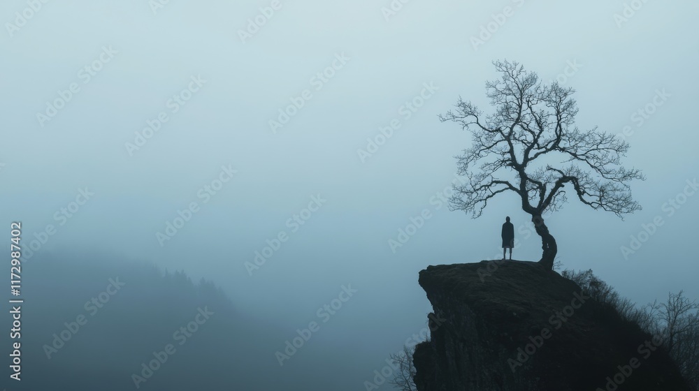 Solitary figure silhouetted against a misty landscape, standing on a cliff beside a leafless tree. Solitary figure silhouetted against a misty landscape, standing on a cliff beside a leafless tree.