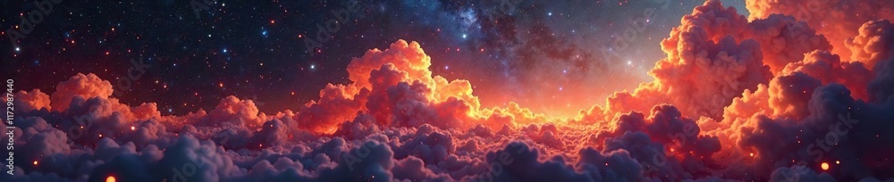 Fototapeta premium Glowing cosmic waveforms within a glowing nebula cloud amidst yellow stars, yellow stars, glowing nebula, cosmos