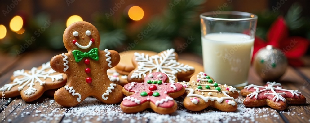 Fototapeta premium Decorated gingerbread cookies on a festive table, milk, holiday treats, sweet treats