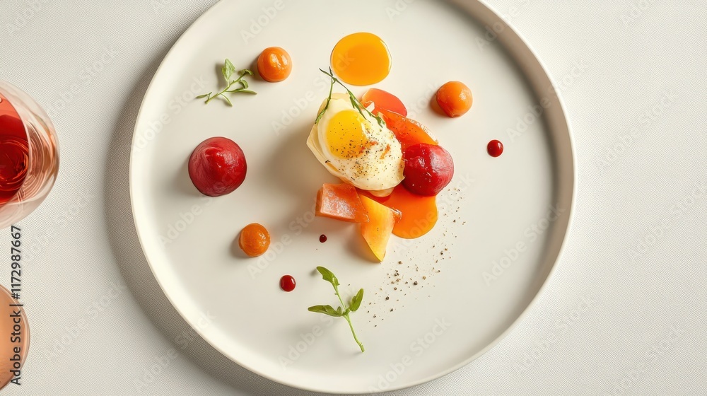 White table with artisanal dish on minimalist plate and taupe background White table with artisanal dish on minimalist plate and taupe background