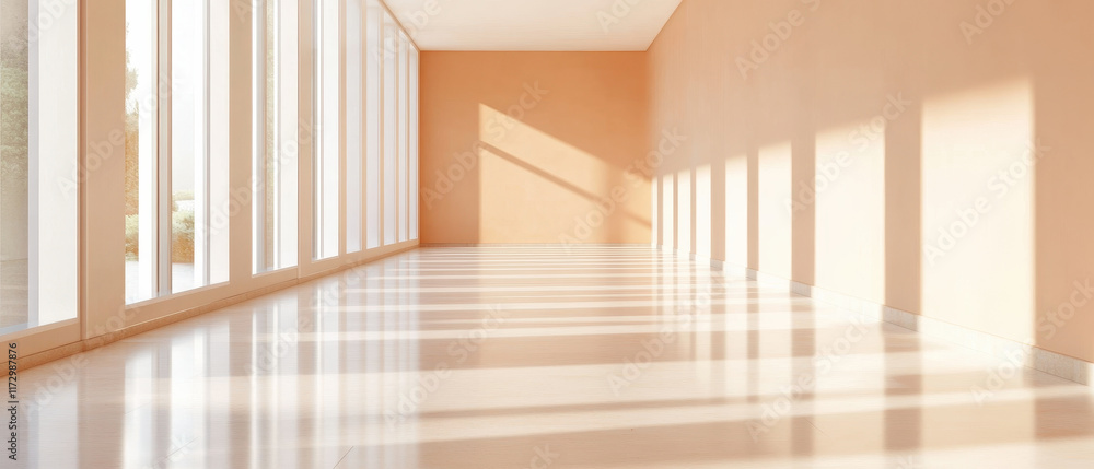 Obraz premium Minimalist school corridor with muted tones and soft lighting creates serene atmosphere, perfect for learning and reflection