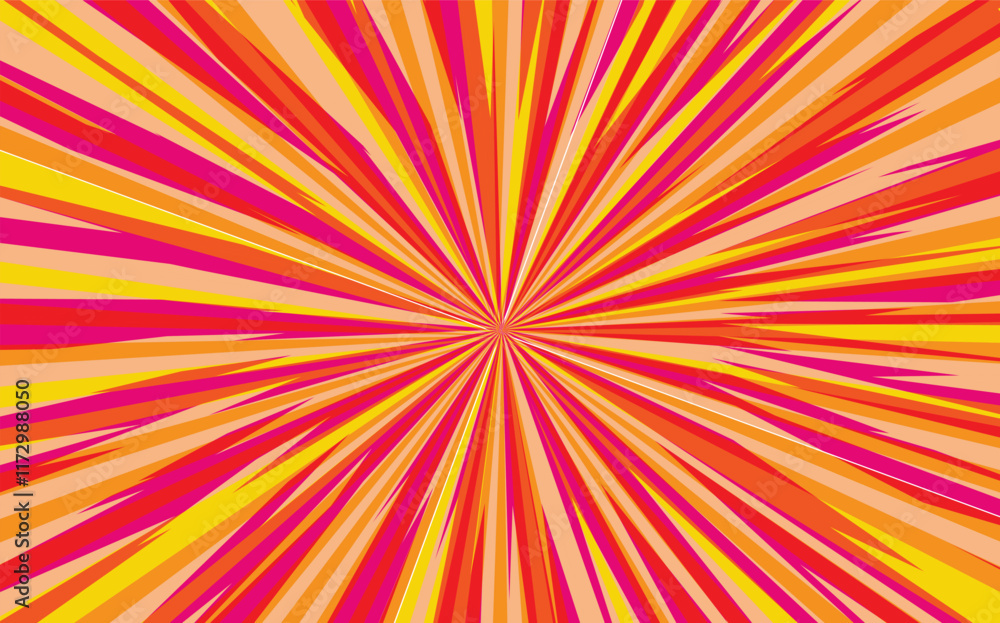 Pop art radial colorful comics book magazine cover. Striped pink digital background. Cartoon funny retro pattern strip mock up. Vector halftone illustration. Sunburst, starburst shape.