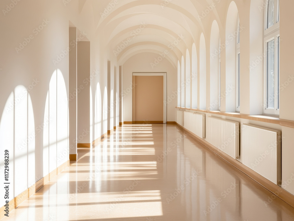 Fototapeta premium narrow school hallway with arched ceiling, bright light streaming through windows, creating serene atmosphere