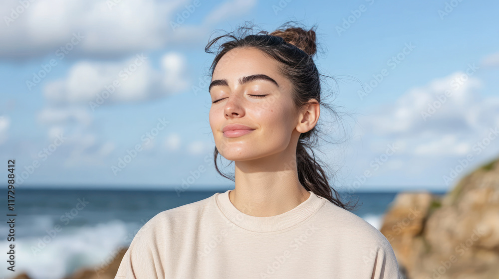 Australian woman closed eyes enjoy vacation relax at beach in tropical island Australian woman closed eyes enjoy vacation relax at beach in tropical island