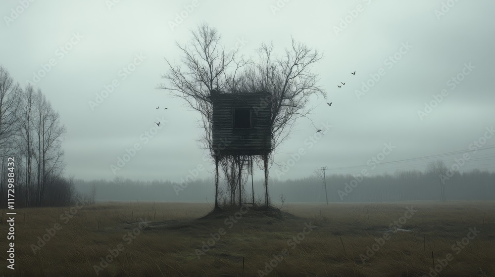 A misty field with a small, dark, square structure built into a leafless tree.