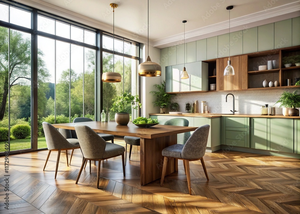 Fototapeta premium Minimalist Luxury Vintage Dining Kitchen: Wooden Floor, Nature View