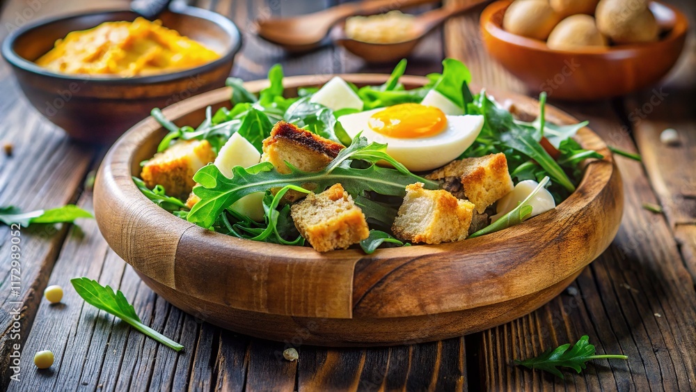 Minimalist Vegetable Appetizer: Wooden Bowl, Egg Yolk Croutons, Parmesan, Arugula Minimalist Vegetable Appetizer: Wooden Bowl, Egg Yolk Croutons, Parmesan, Arugula
