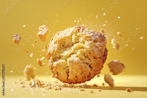 Crumbly Cookie Exploding In Mid Air Against Yellow Background photo