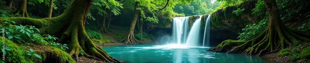 Fototapeta premium Emerald waterfalls cascade down mossy ancient tree trunks, waterfall, forest