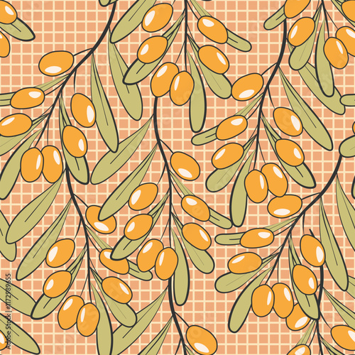 Seamless pattern with sea buckthorn. Natural fresh ripe tasty berries. Vector illustration for background, packaging, textile, fabric and various other designs.