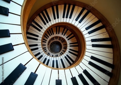 Spiral staircase designed to resemble a piano keyboard in a creative space photo