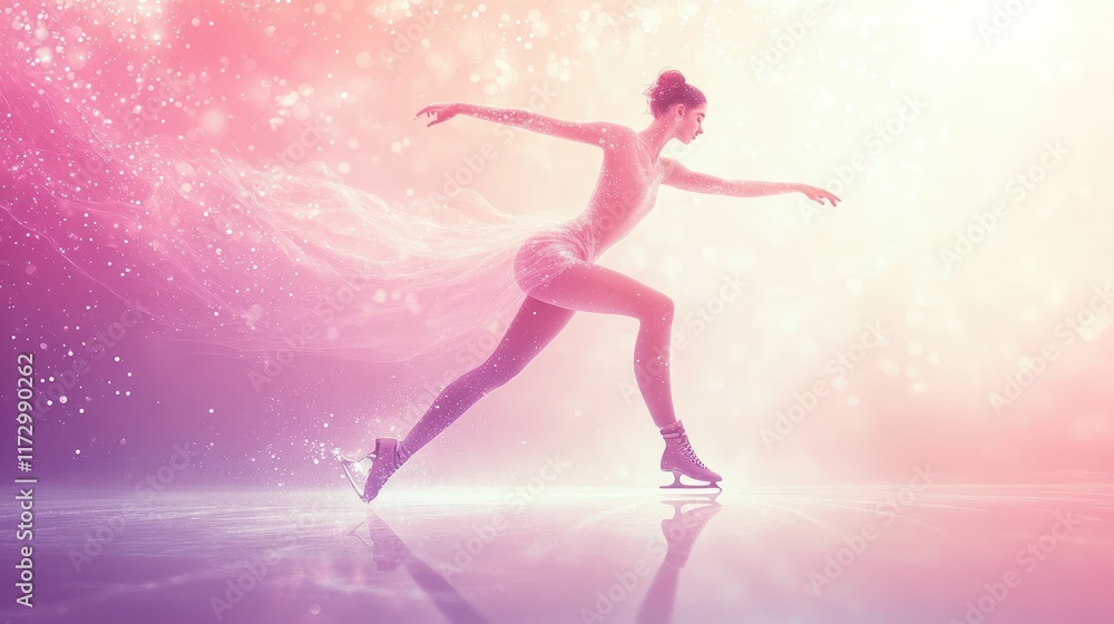 Graceful figure skater in motion, ethereal pink and orange lighting. Graceful figure skater in motion, ethereal pink and orange lighting.