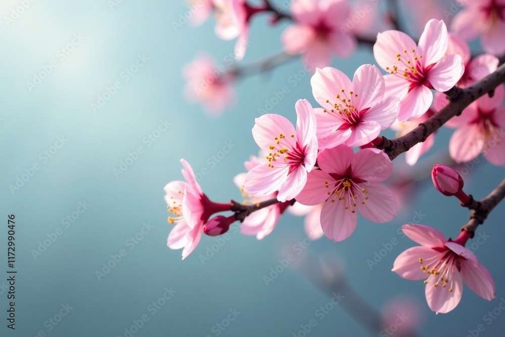 Obraz premium Pink cherry blossoms sway gently on a delicate branch, tree, petals