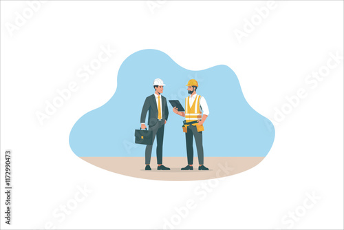 Illustration architect and construction worker foreman discussing at the project site. Vector illustration.