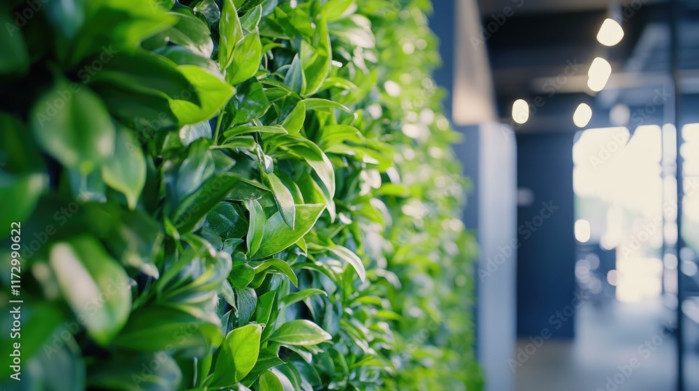 Obraz premium Green living wall with perennial plants in modern office. Urban gardening landscaping interior design. Fresh green vertical plant wall inside office