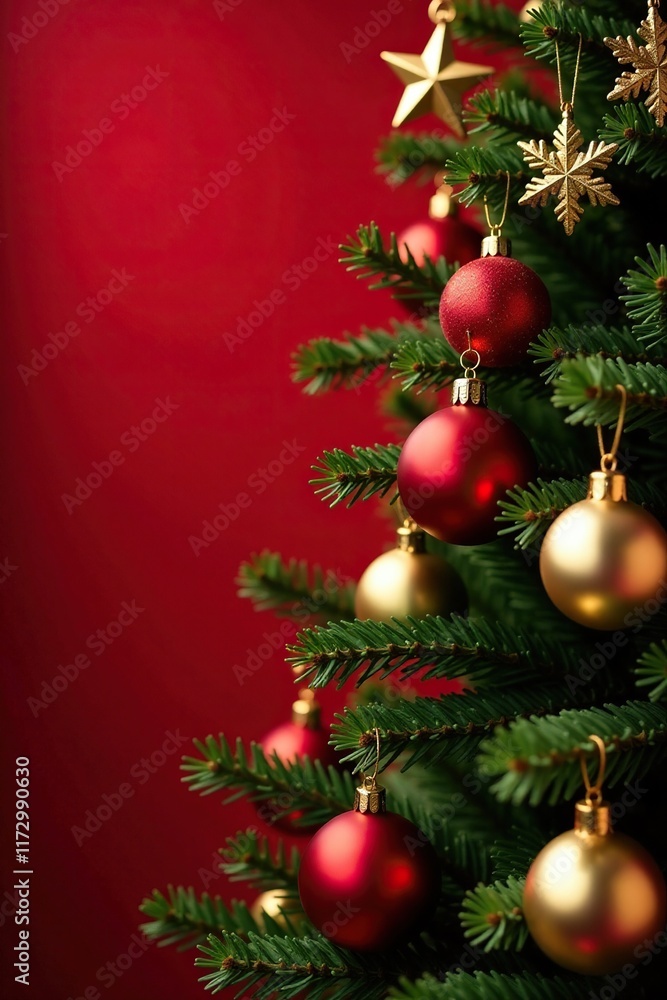 Fototapeta premium Red and gold Christmas tree decorated with ornaments hanging snowflake star in the background, festive, red