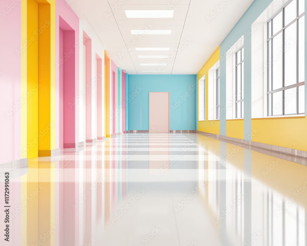 Obraz premium Bright and colorful modern school hallway with sleek design and reflections