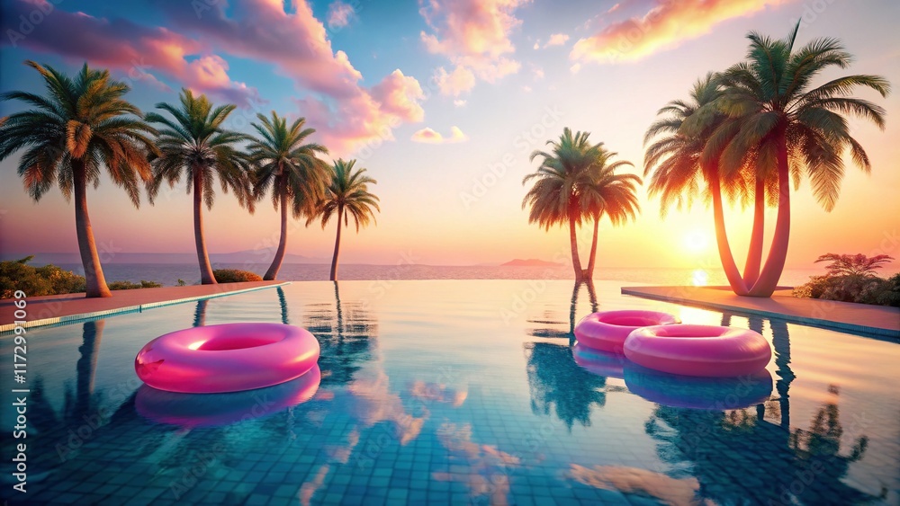 Obraz premium Pink Palm Paradise: Inflatable Rings in a Pool