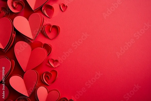 White and red hearts on a red background. The concept of St. Vylentin Day. Festive background. Copy space.
