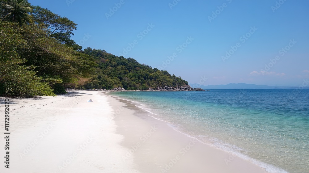 A pristine white sand beach on Koh Samet, with palm trees gently swaying in the tropical breeze. A pristine white sand beach on Koh Samet, with palm trees gently swaying in the tropical breeze.