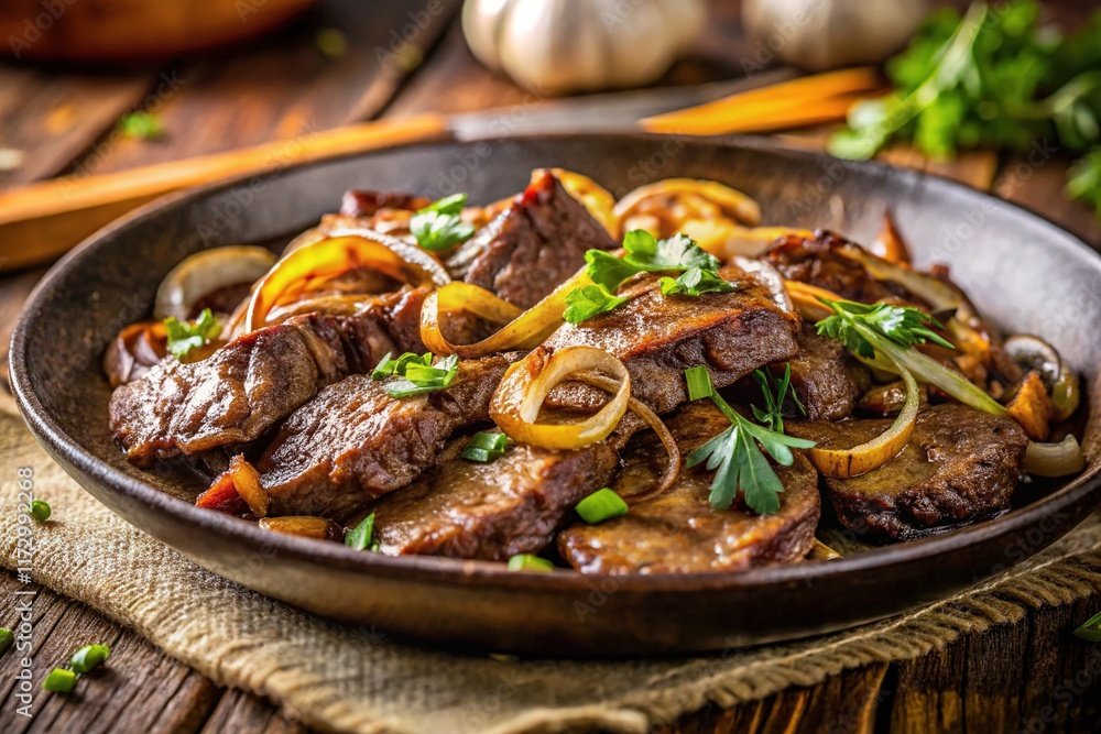 Rustic Liver and Fried Onions: A Documentary-Style Food Photograph Rustic Liver and Fried Onions: A Documentary-Style Food Photograph