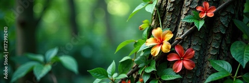 Jungle flowers and vines intertwined on a tree trunk, vines, greenery, foliage