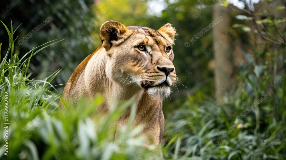 A lioness gracefully prowls through lush greenery, showcasing its natural habitat. A lioness gracefully prowls through lush greenery, showcasing its natural habitat.