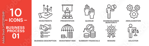 Business Process Icon Set: 10 Editable Vector Icons Representing Investments, Risk Assessment, and Shareholder Monitoring.