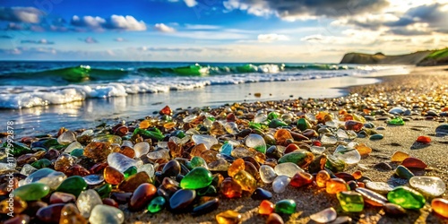 Sea Glass Beach Coastline: Colorful Pebbles & Ocean Waves photo