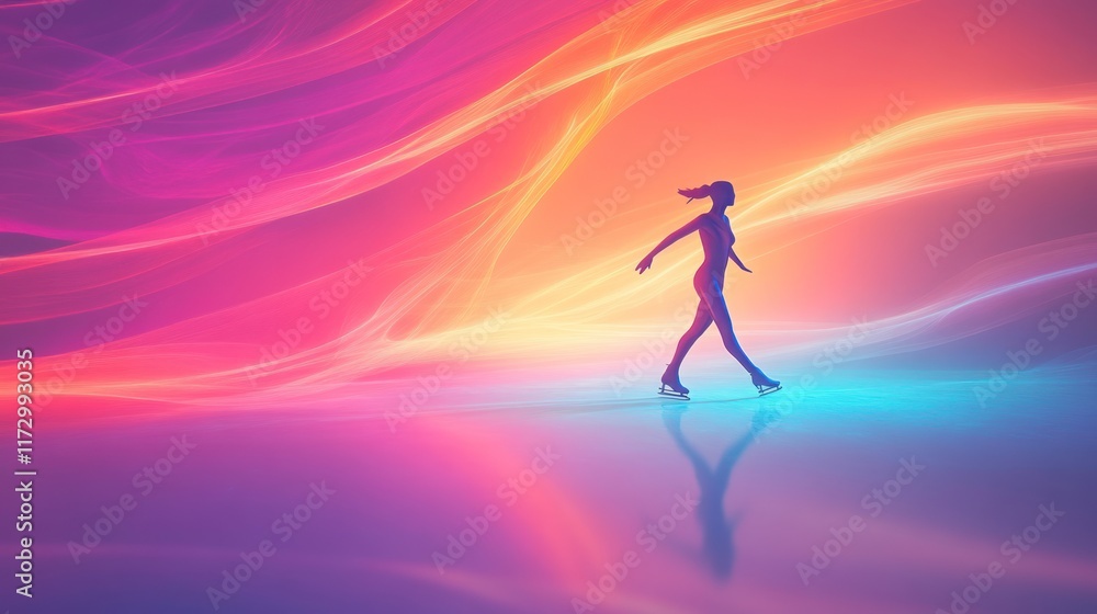 Silhouette of a figure skater on an ice rink with vibrant, colorful background. Silhouette of a figure skater on an ice rink with vibrant, colorful background.