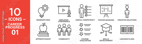 Career Progress Icon Set: 10 Editable Vector Icons Representing Skills Development, Creative Solutions, and Competency