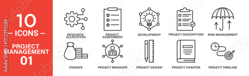 Project Management Icon Set: 10 Editable Vector Icons Depicting Resource Allocation, Risk Management, and Project Development.