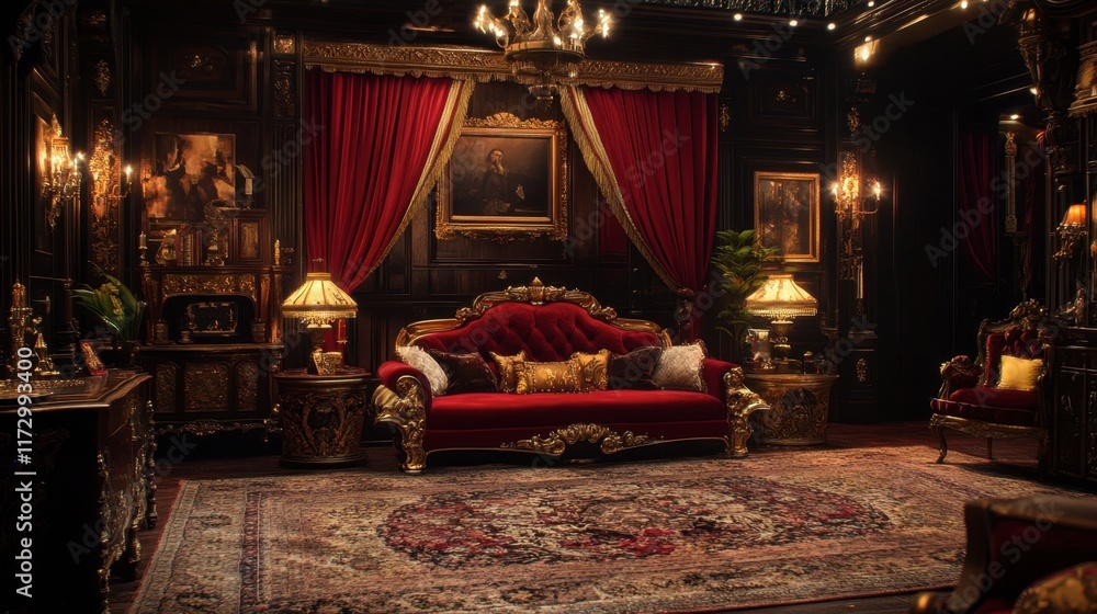 A regal living room featuring a velvet sofa, antique side tables, and a large ornate rug creating a fairy-tale ambiance. A regal living room featuring a velvet sofa, antique side tables, and a large ornate rug creating a fairy-tale ambiance.