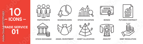 A set of 10 minimalist line icons illustrating various financial and trade concepts, including participants, shareholders, stock valuation, bonds, futures contracts, stock exchange, angel investment, 