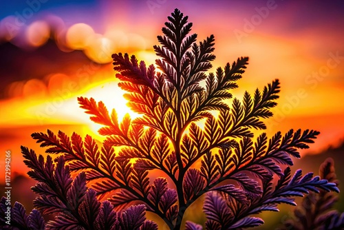 Silhouette of Selaginella martensii leaves against sunset, botanical illustration photo