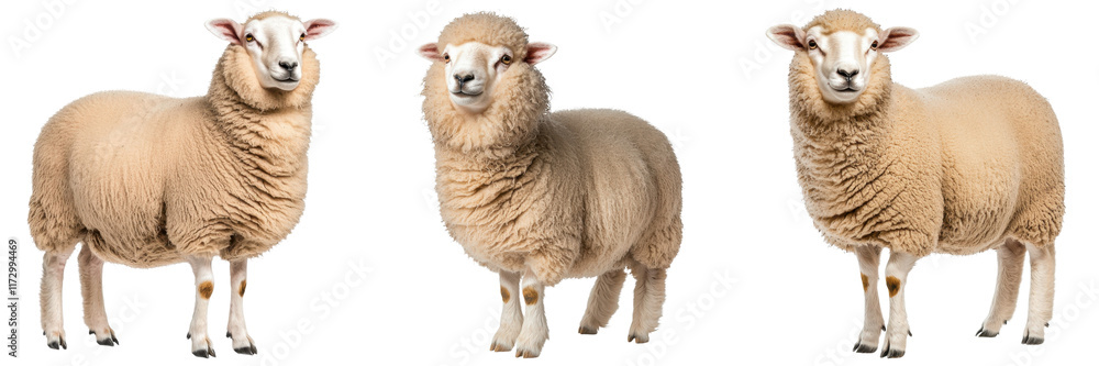 Fototapeta premium Fluffy sheep with calm demeanor standing in various poses