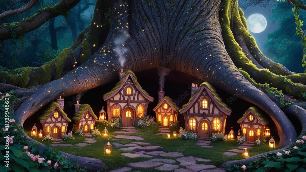 Obraz premium A fairy village nestled within a giant tree, with glowing lights and tiny houses.