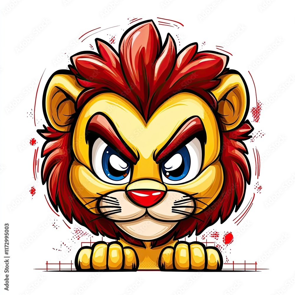 Fototapeta premium A cartoon lion with an angry expression, featuring vibrant colors and a playful design.