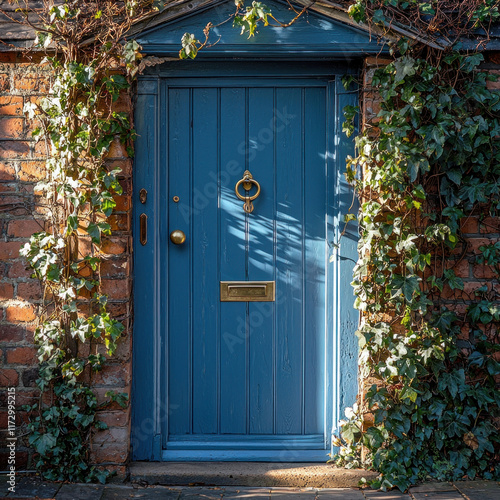 Blue door on brick house with ivy, sunny shadows, home entrance