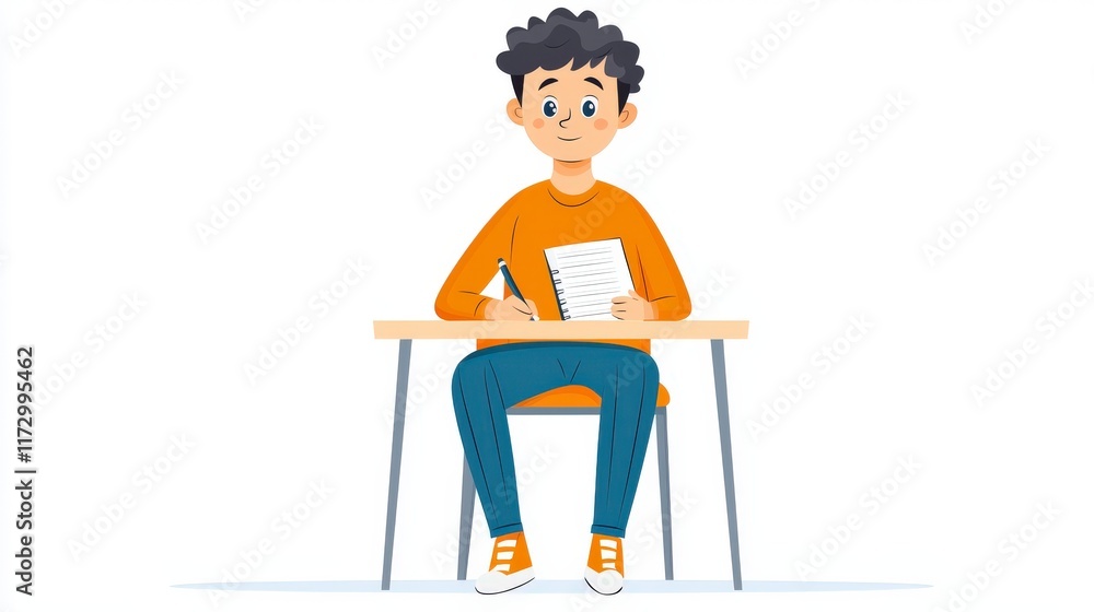 Fototapeta premium Young Student with Curly Hair Sitting at a Desk and Writing in a Notebook