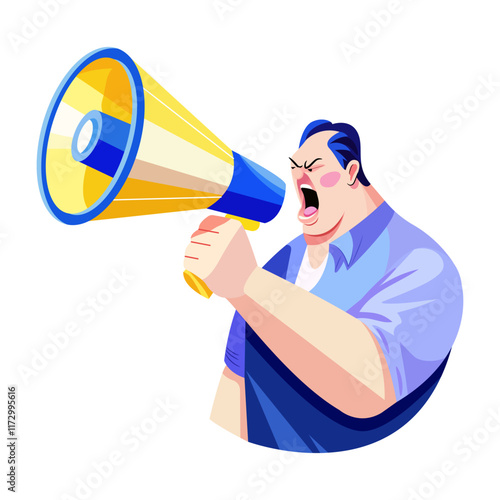 A flat illustration of yelling character in a loudspeaker 

