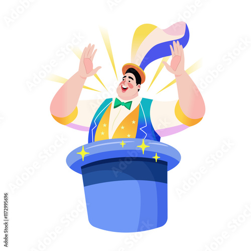 A flat illustration of magician come out from the hat 

