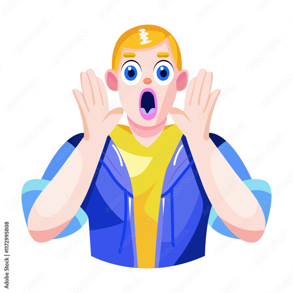A flat illustration of shocked character with wide eyes
A flat illustration of shocked character with wide eyes