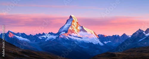 Stunning mountain peak bathed in soft sunlight during a vibrant sunset. photo