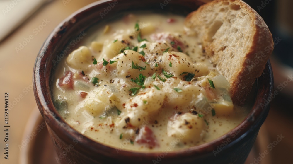 A rustic bucket of fresh seafood chowder, served with a slice of crusty bread on the side. A rustic bucket of fresh seafood chowder, served with a slice of crusty bread on the side.
