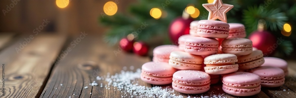White and pink macarons form a Christmas tree shape on a wooden table, christmas, holidays White and pink macarons form a Christmas tree shape on a wooden table, christmas, holidays