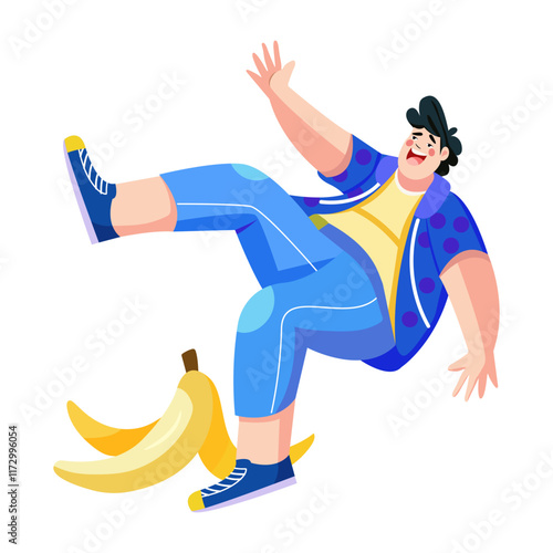 A flat illustration of character slipping through banana peel 

