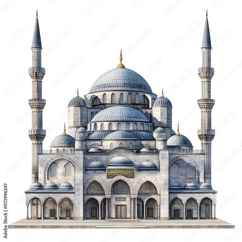Fototapeta premium Grand Mosque's Architectural Majesty: A detailed, photorealistic depiction of a grand mosque, showcasing intricate architectural details, domes, minarets, and traditional Islamic design elements.