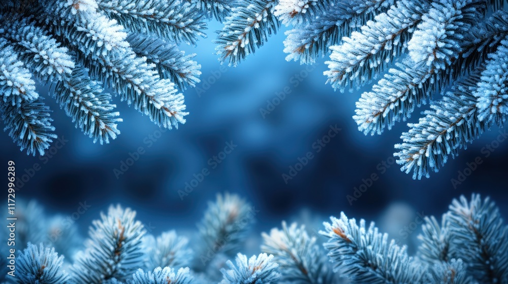 Frosted evergreen branches create a serene winter atmosphere. Frosted evergreen branches create a serene winter atmosphere.